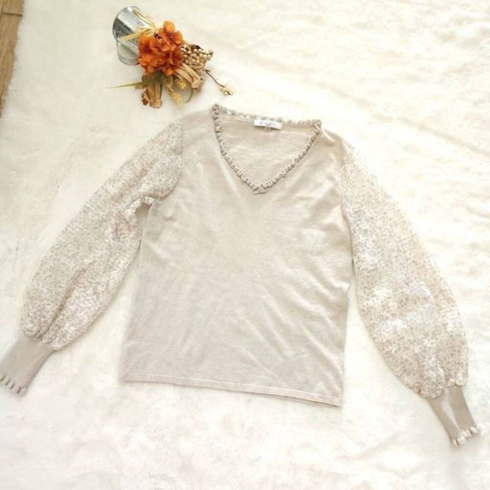 Sioni Milano knit pullover sweater beige/white lace sleeves womens size M